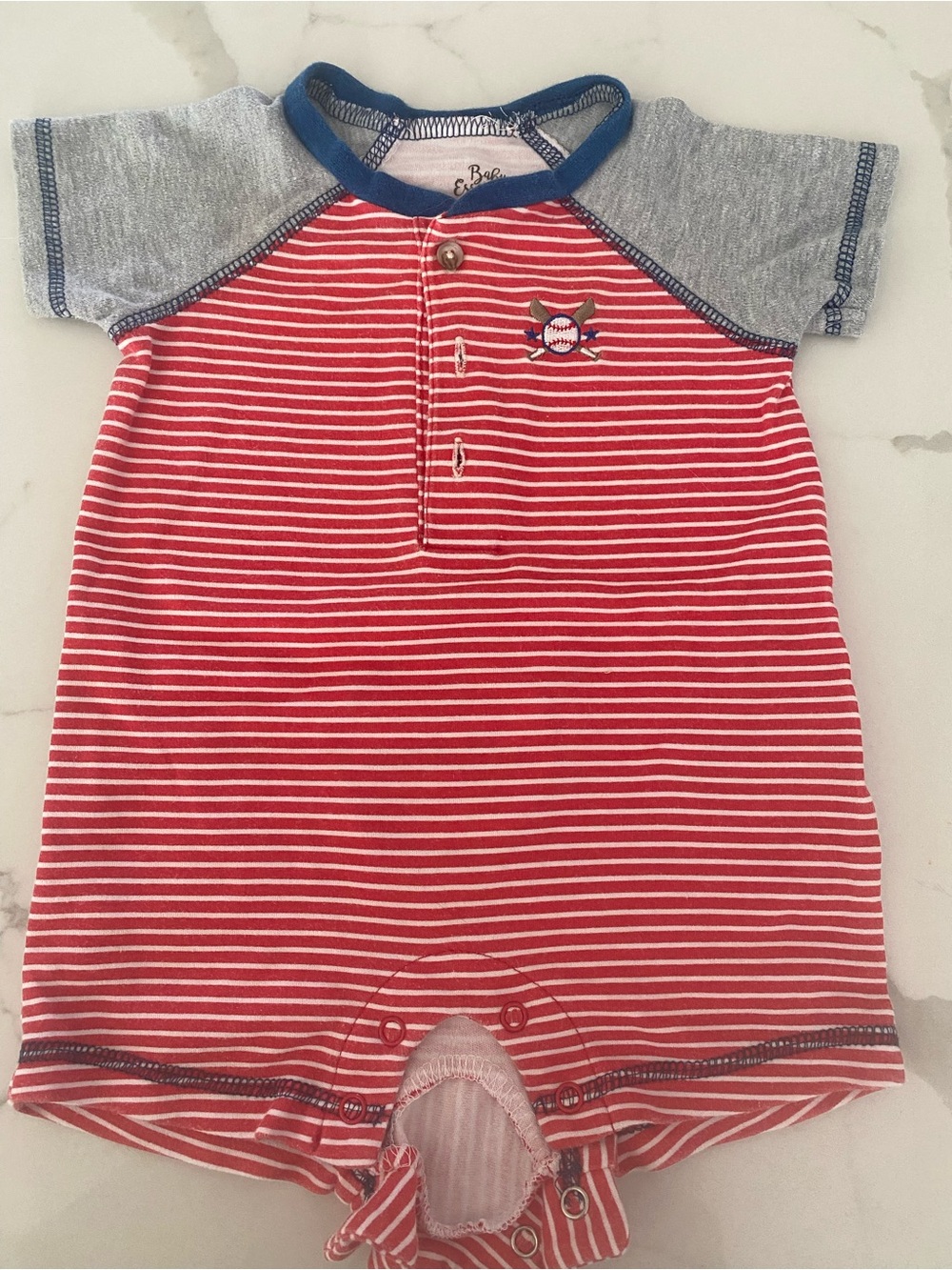 Baby Essentials Red & White Striped Romper with Blue Trim